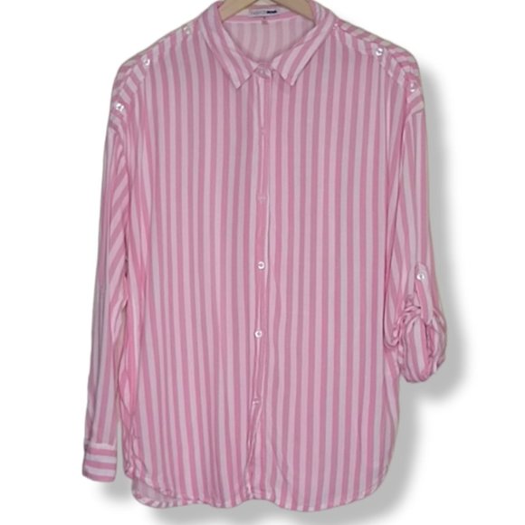 Fashion Nova Pink and White Striped Button Up Top, Size M - Picture 1 of 9